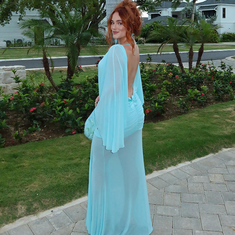 Sheer Mesh Cape Sleeve Boat Neck Column Maxi Dress 4