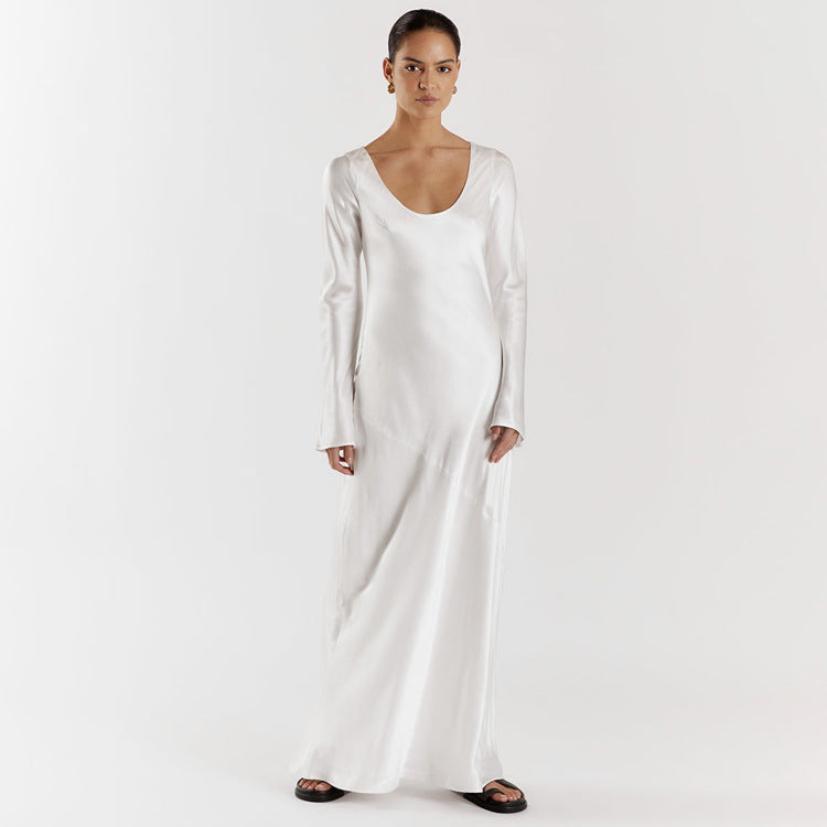 Autumn Winter Maxi Dress Women Solid Color Satin Round Neck Long Long-Sleeved Loose Casual Dress