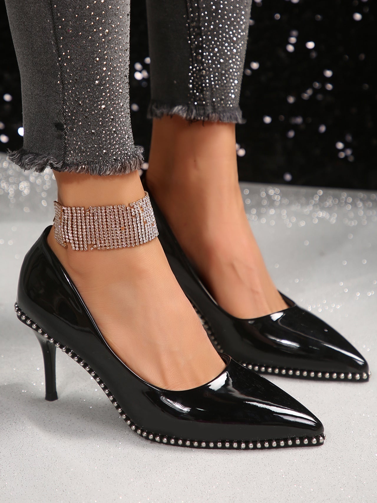 Studded Pointed-toe Low-cut Stiletto High Heels