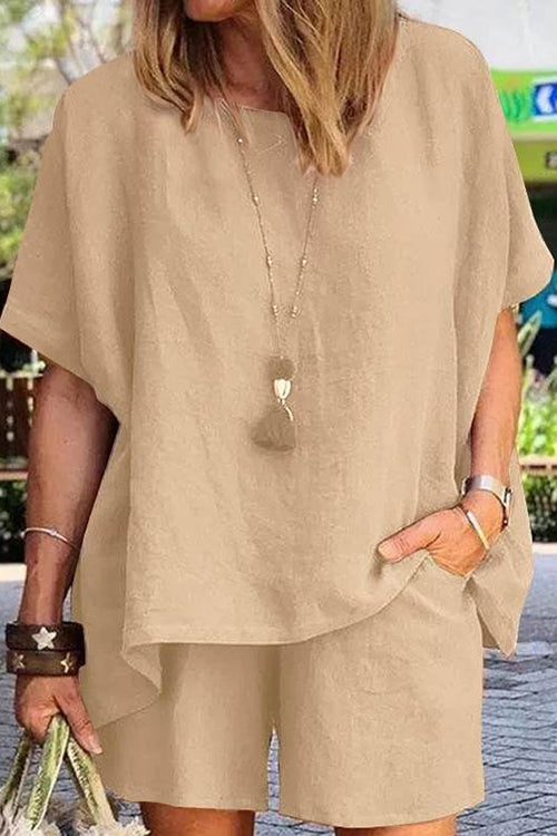 Solid Short Sleeve Blouse Shorts Set