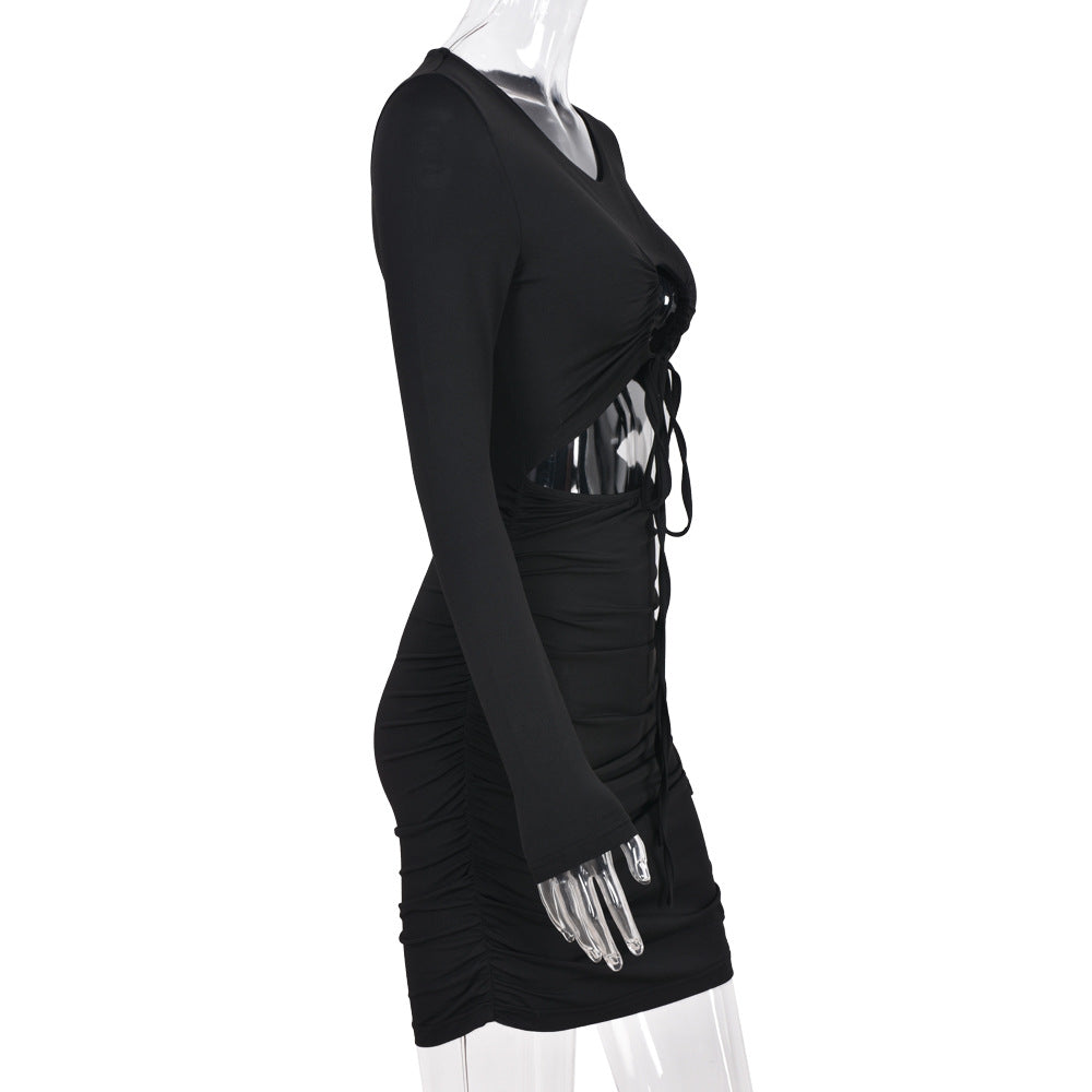 Round Neck Long Sleeve Cut Out Criss Cross Strap Ruched Bodycon Mini Dress 6