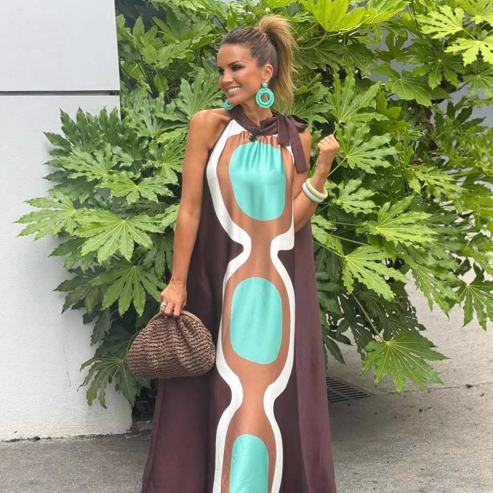 Summer Positioning Printing Halter Lace up A Swing Vacation Dress
