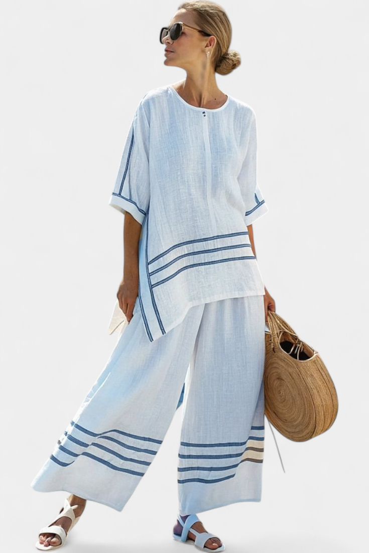 Striped Trim Short Sleeve Top and Wide Leg Pants Two Piece Set