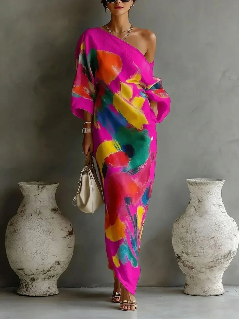 Abstract Paint Print One Shoulder Batwing Sleeve Maxi Dress