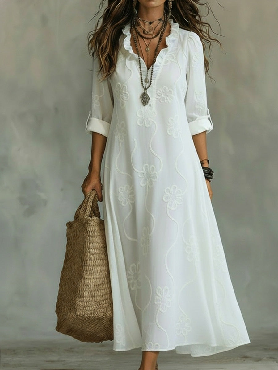 Floral Embroidered Ruffle V-Neck Roll Tab Sleeve A-Line Maxi Dress 2