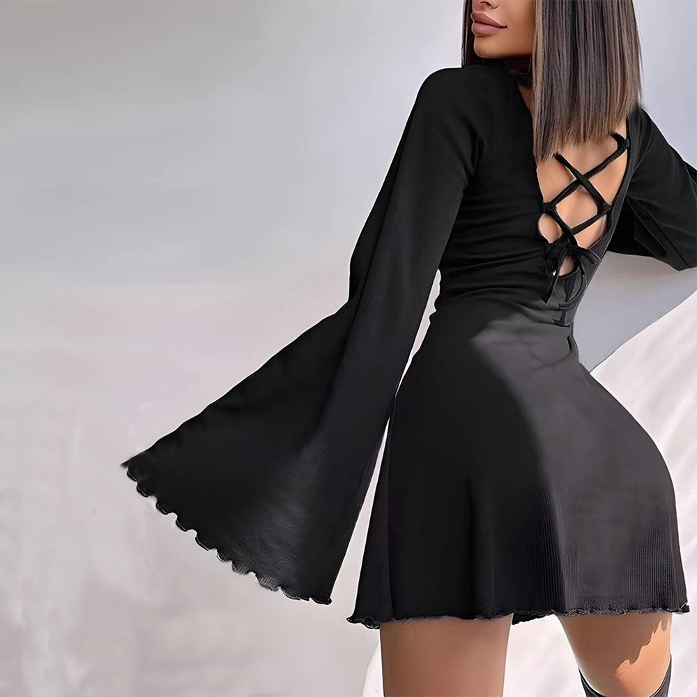 Round Neck Bell Sleeve Lettuce Trim Hem Fit and Flare Mini Dress 2
