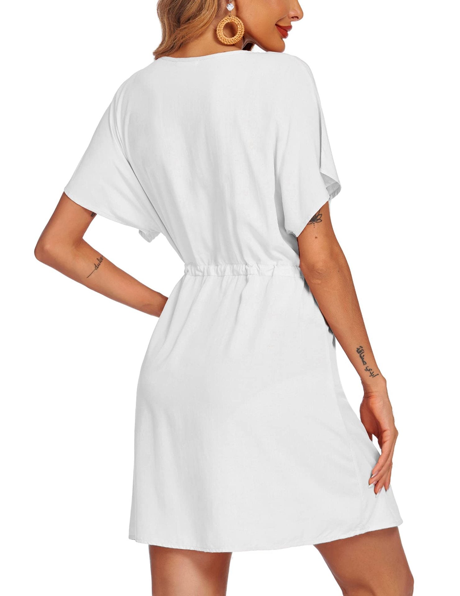 V-Neck Short Dolman Sleeve Drawstring Waist Summer Mini Dress