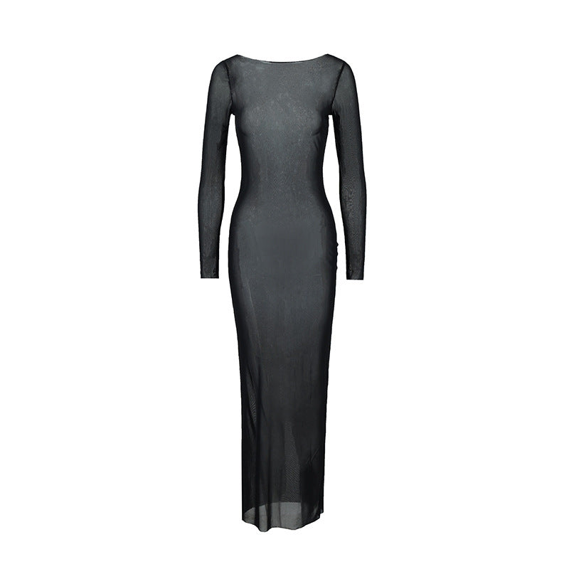 Sheer Mesh Round Neck Long Sleeve Bodycon Maxi Beach Cover Up 2