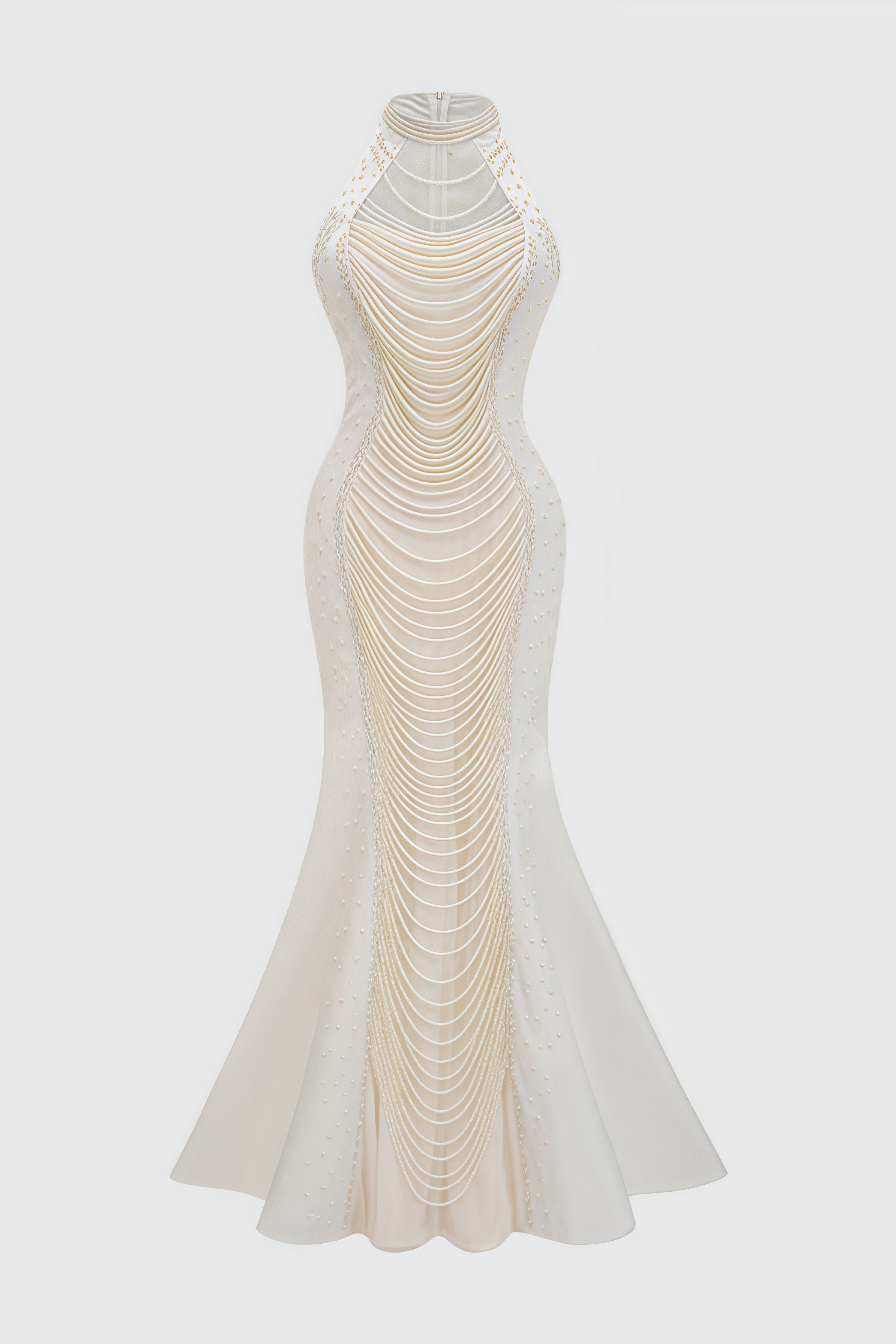 Pearl Beaded Halter Keyhole Cascade Fringe Mermaid Gown