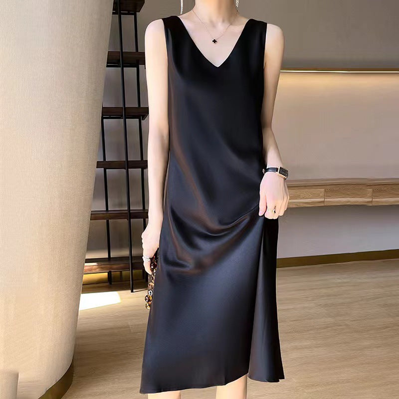 Satin V-Neck Sleeveless Wide Strap A-Line Midi Dress 6
