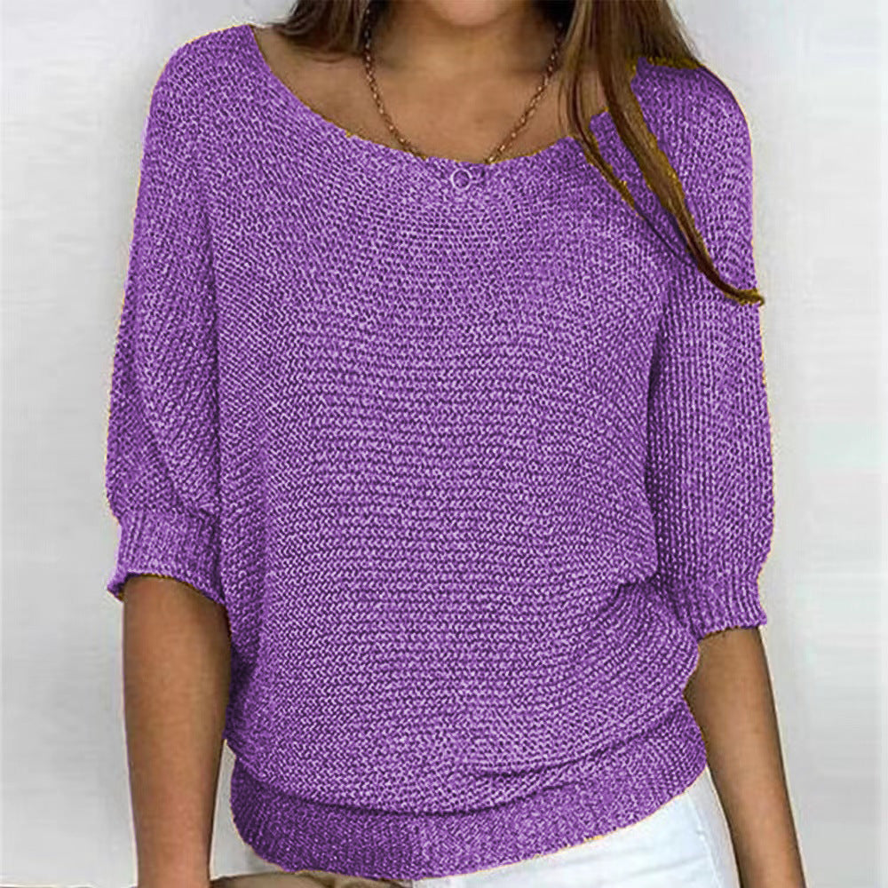Boat Neck Short Sleeve Ribbed Hem Knit Sweater