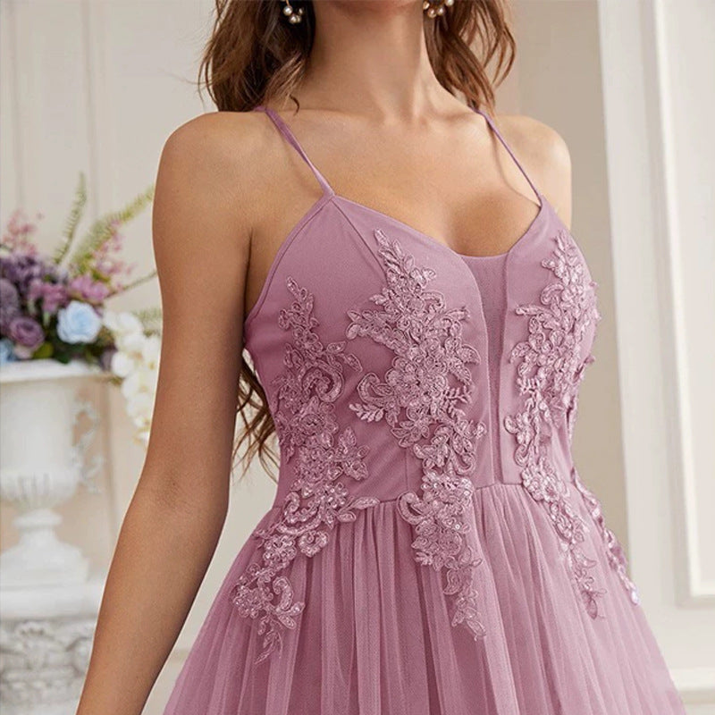 Mesh Tulle Lace Applique Spaghetti Strap V-Neck Tiered Ruffle Maxi Gown