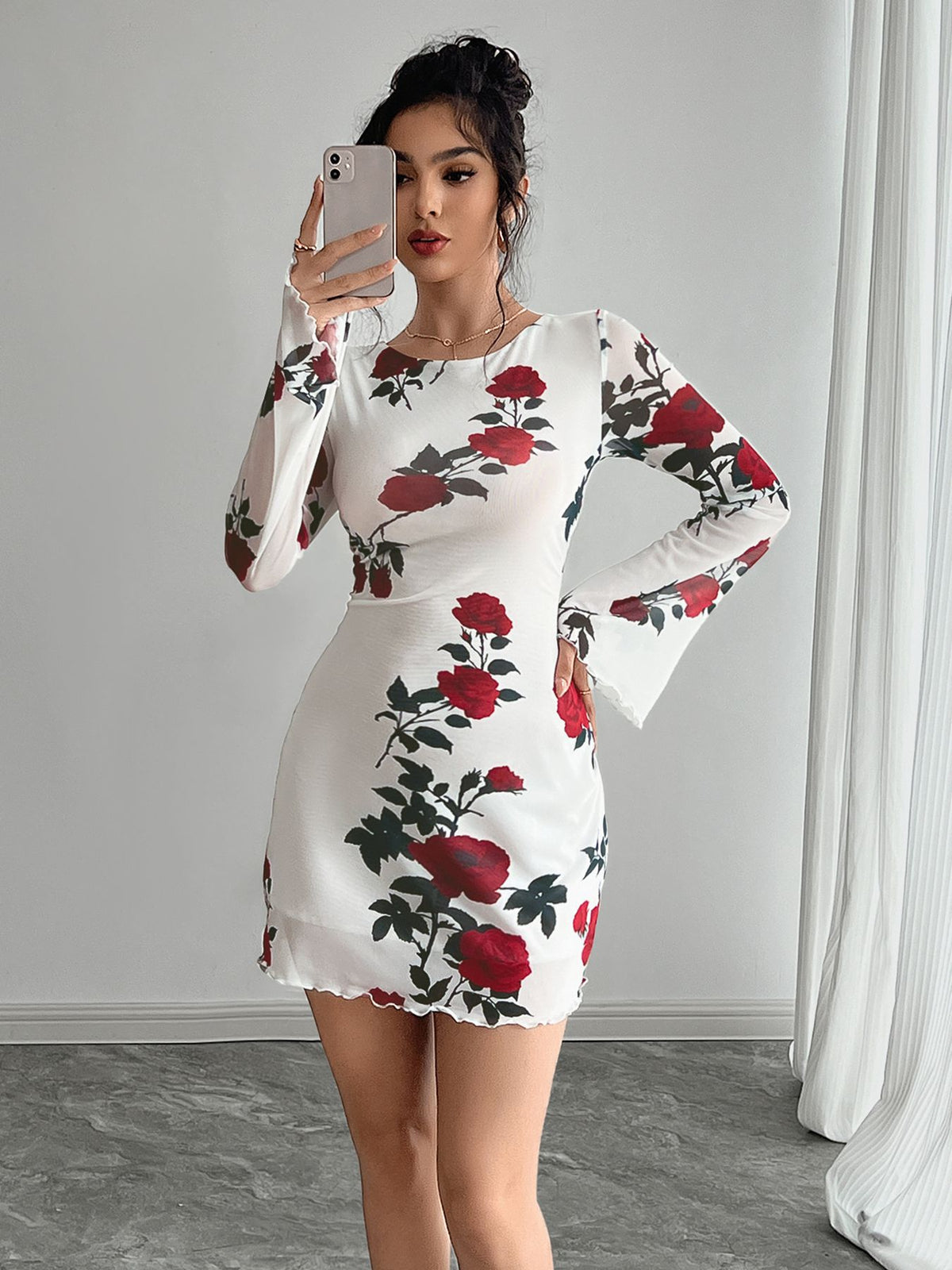 Rose Print Mesh Crew Neck Bell Sleeve Lettuce Hem Bodycon Mini Dress 2