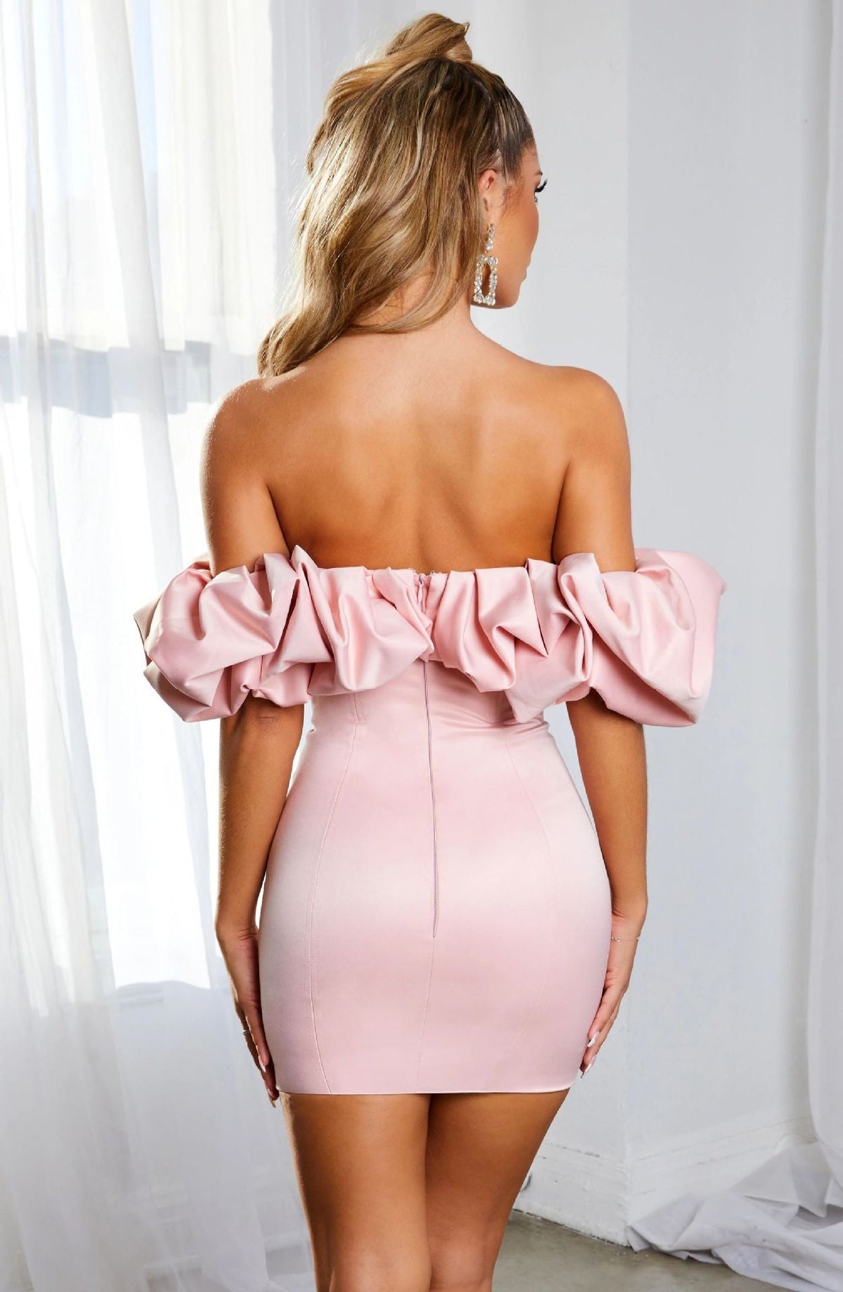 Zari Satin Ruffles Off Shoulder Mini Dress - Pink - View 5
