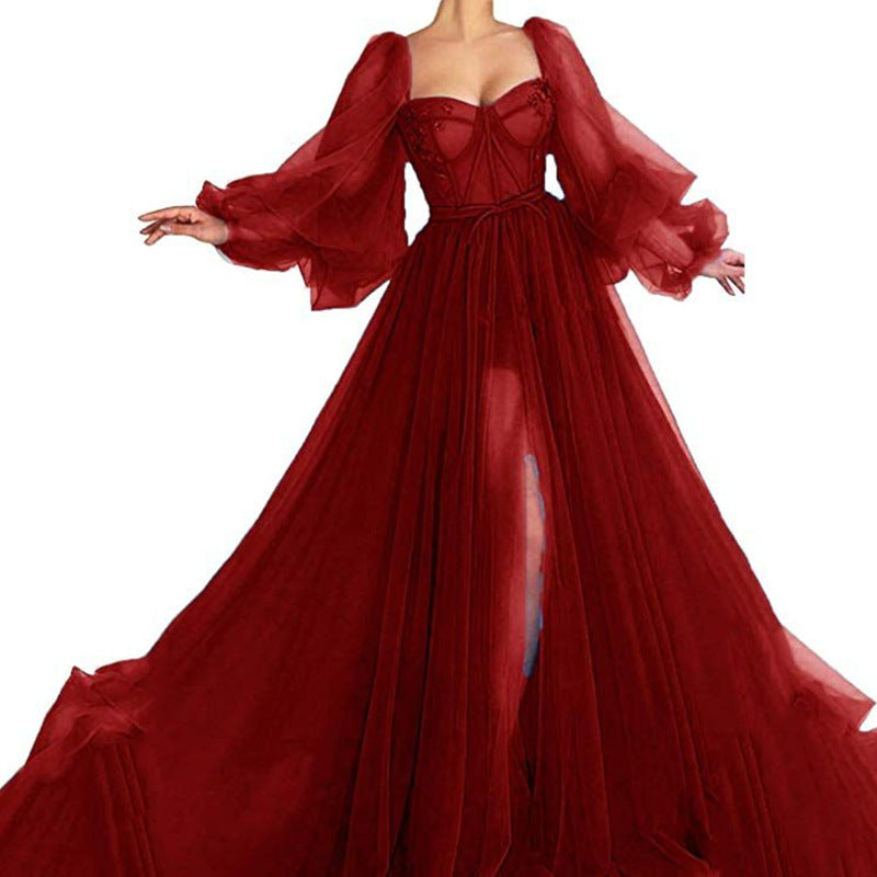 Sweetheart Corset Bodice Floral Embroidery Tulle Maxi Gown - View 3
