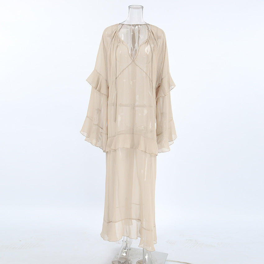 Sheer Tiered V-Neck Tie Neck Long Flared Ruffle Sleeve Maxi Dress