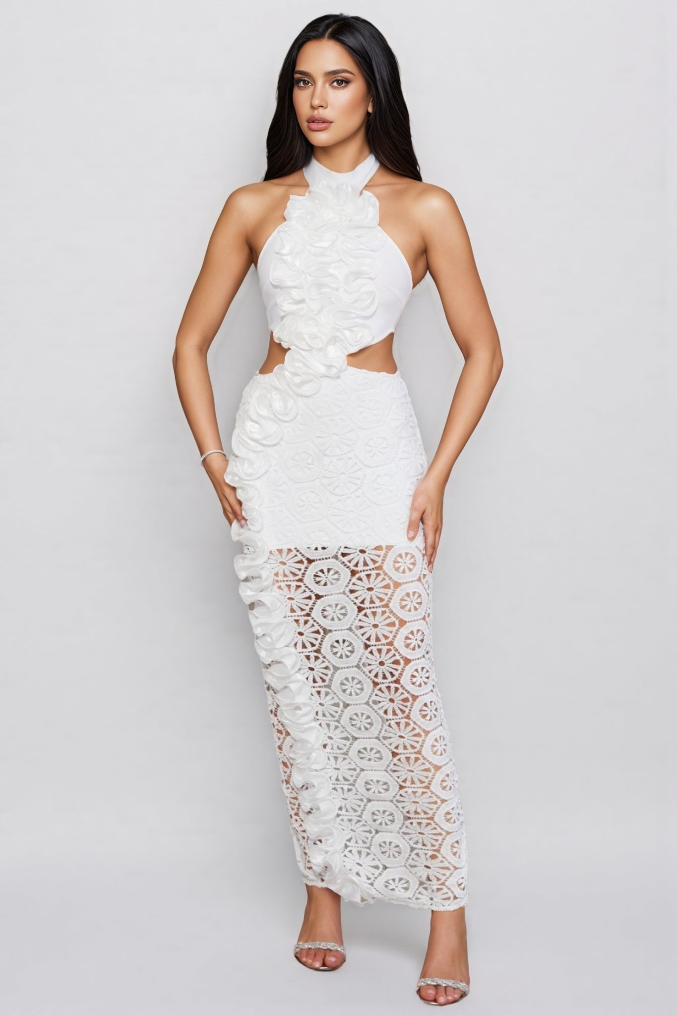 Vedilk 3D Lace Openwork Ruffled Maxi Dress - View 2