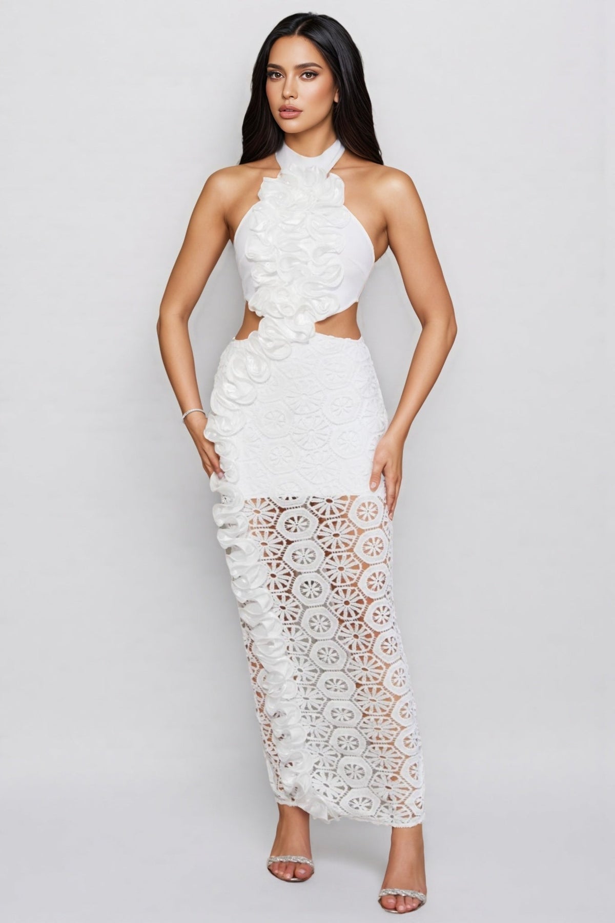 Halter Neck Ruffle Trim Cut Out Crochet Lace Maxi Dress 2