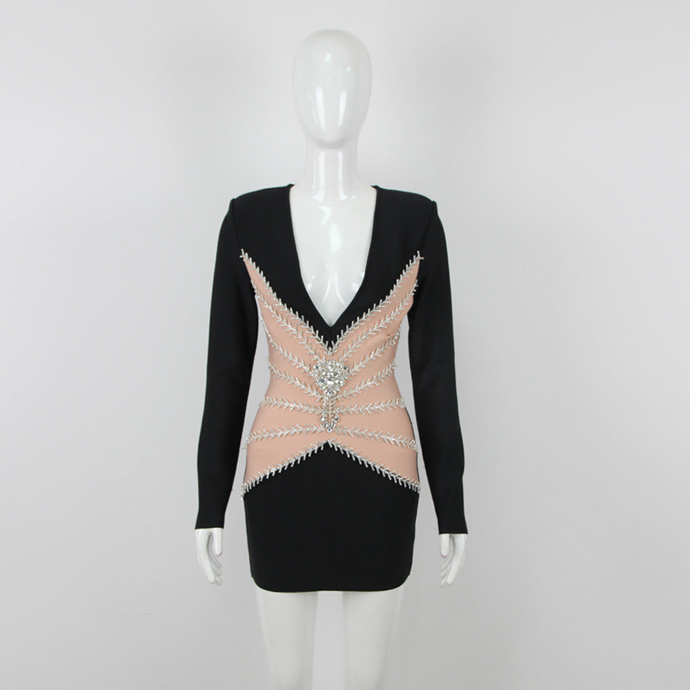 Long Sleeve Padded Shoulder Deep V-Neck Mesh Cut Out Rhinestone Mini Dress