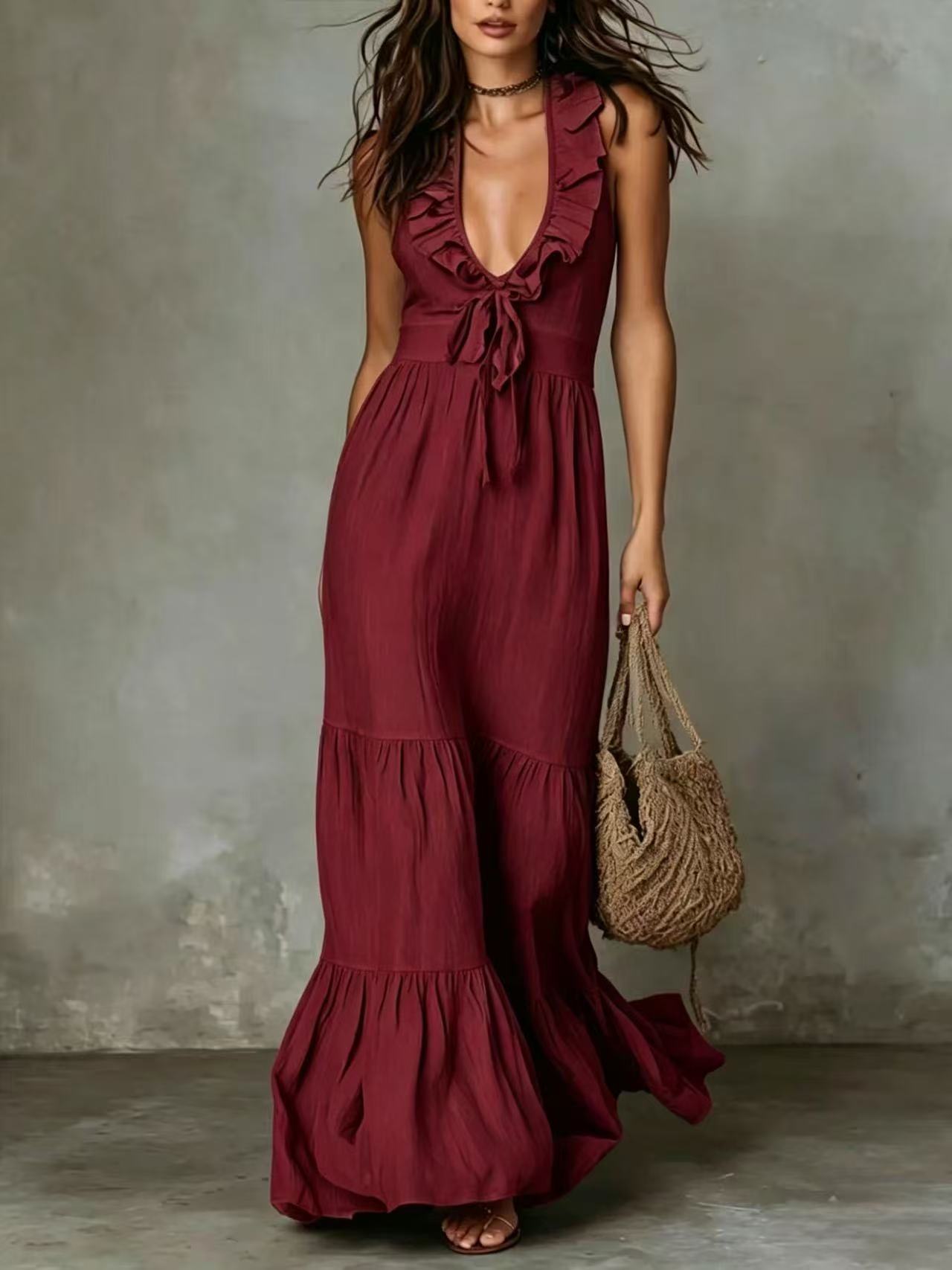 Deep V-Neck Sleeveless Ruffle Tiered Maxi Dress 10