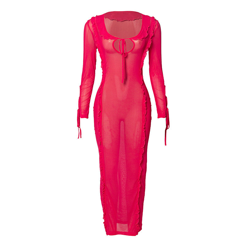 Sheer Mesh Tie Front Cut Out Long Sleeve Lettuce Trim Maxi Dress 5