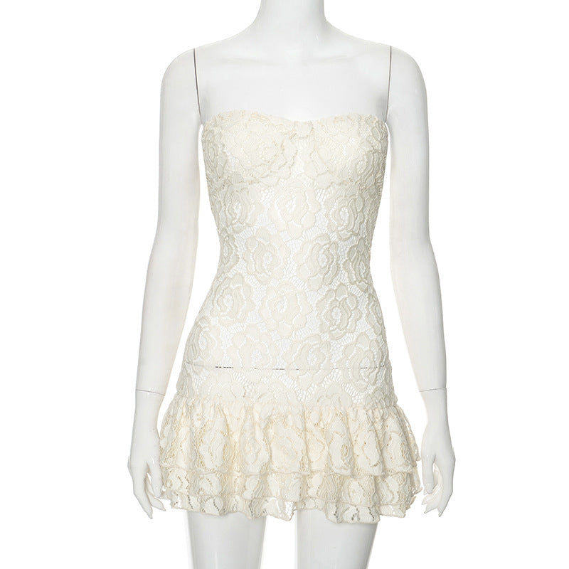 Floral Lace Strapless Sweetheart Bustier Tiered Ruffle Mini Dress
