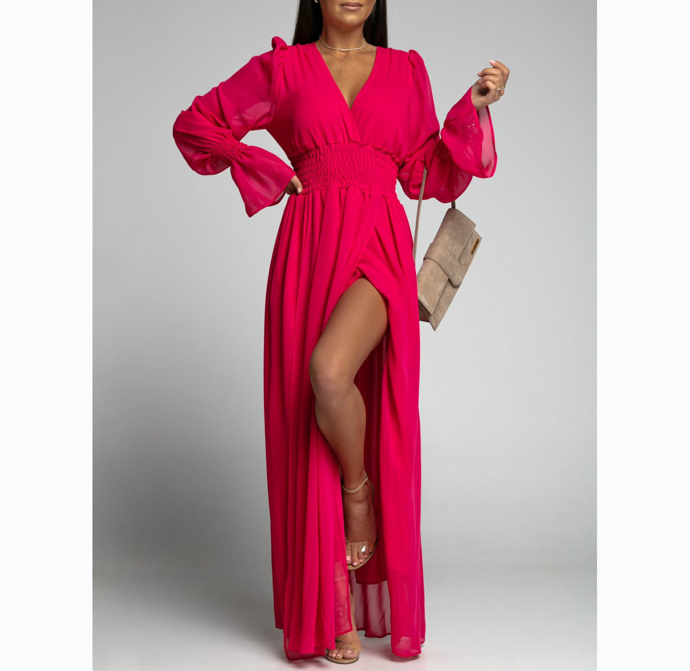 Chiffon Deep V-Neck Puff Sleeve Bell Cuff Smocked Waist High Split Maxi Dress