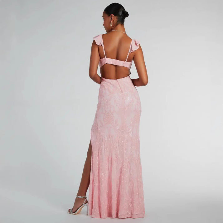 Sequin V-Neck Flutter Strap High Split Bodycon Maxi Gown