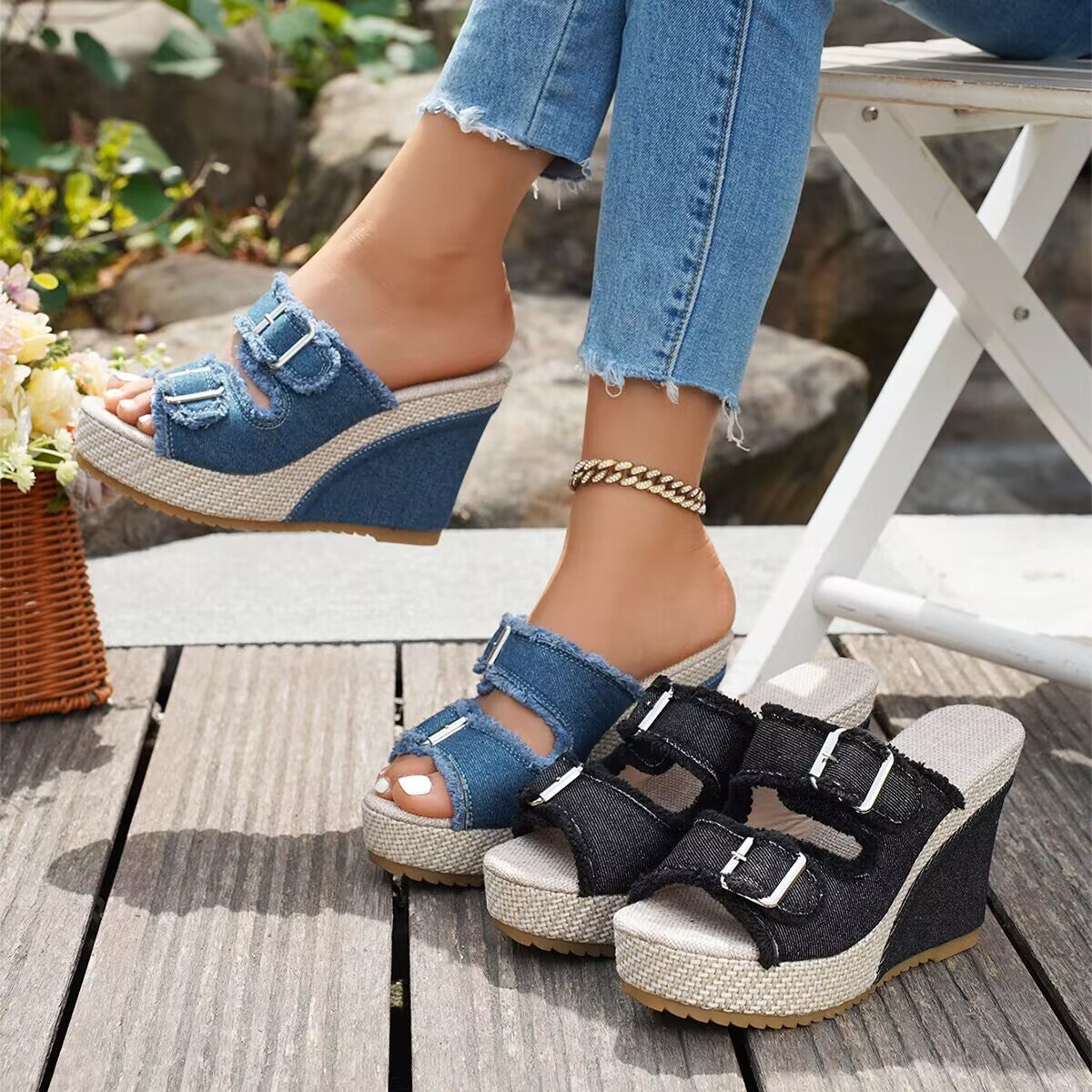 Open Toe Frayed Double Buckle Platform Wedge Slides