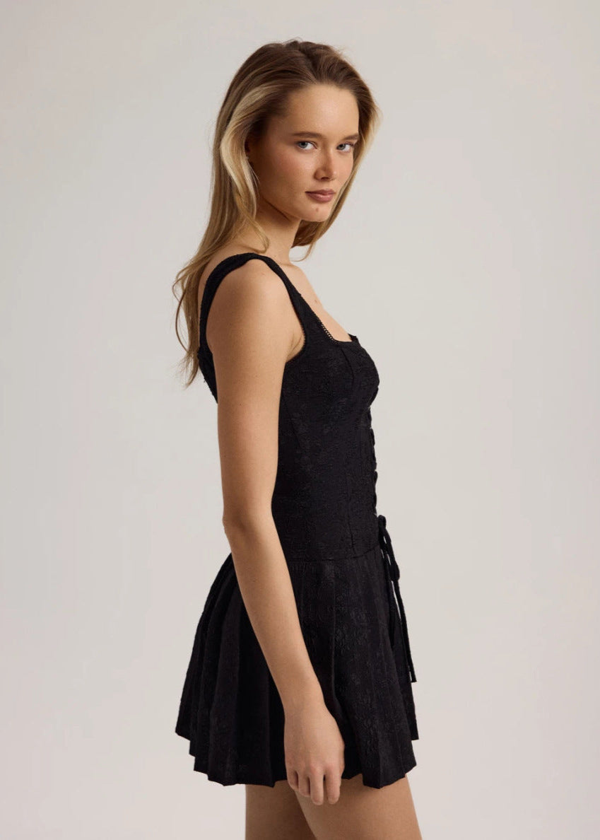 Lace Up Square Neck Sleeveless Corset Pleated Mini Dress