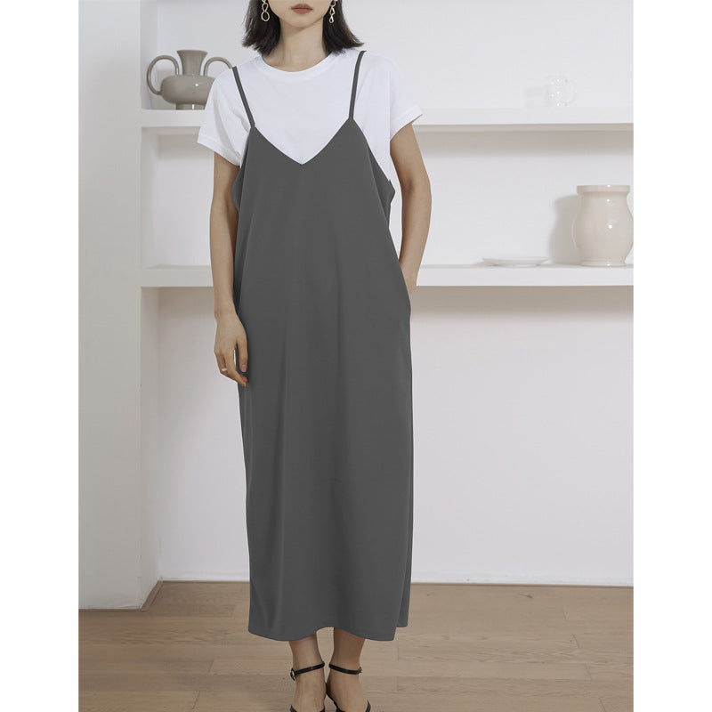 Loose Fit V-Neck Spaghetti Strap Pocket Slip Midi Dress 4