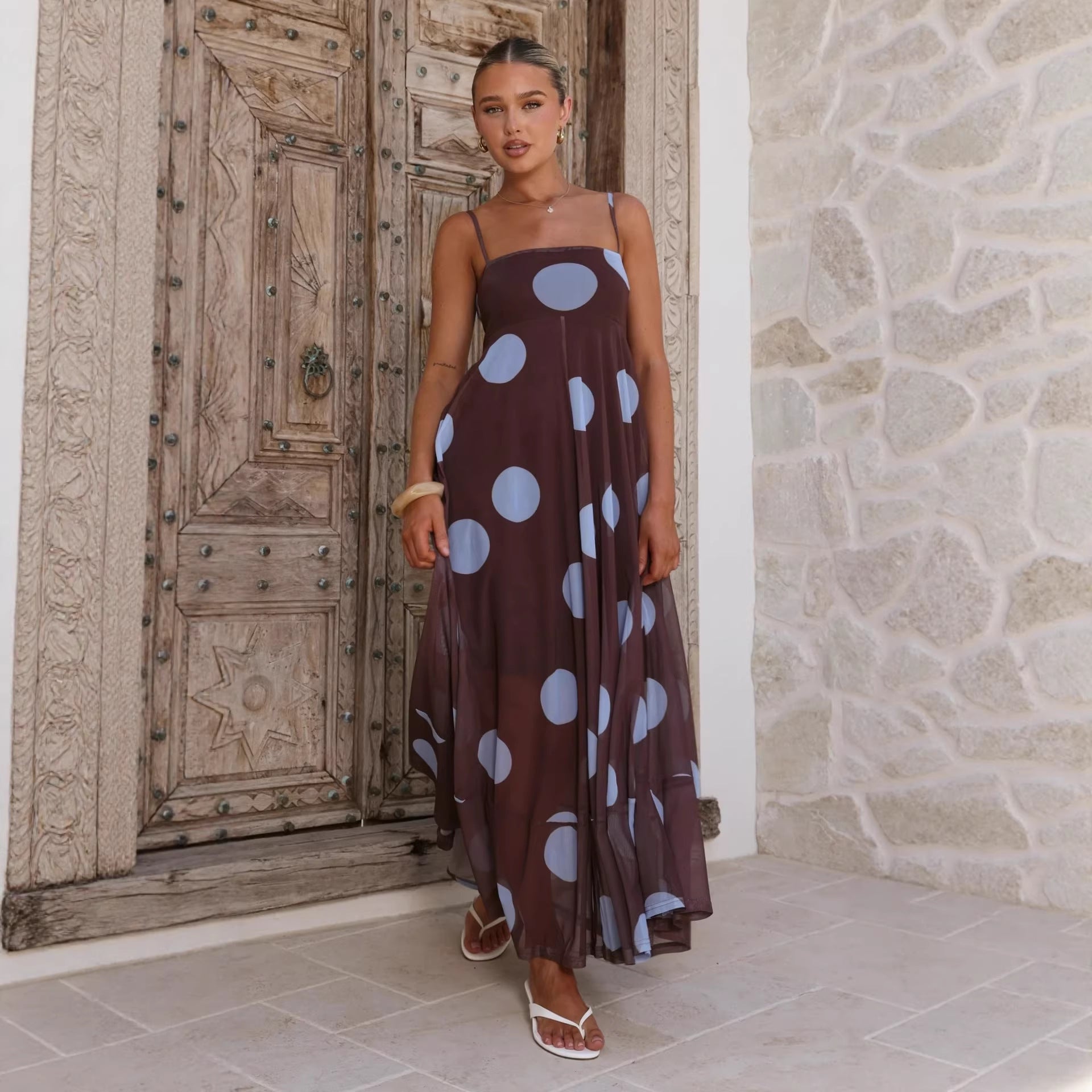 Mesh Spaghetti Strap Square Neck Flowy Tiered Maxi Dress