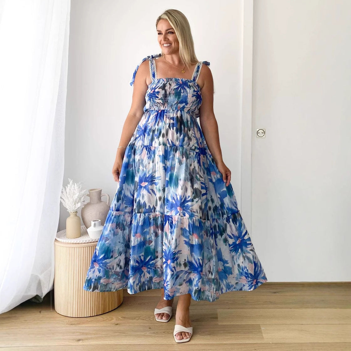 Watercolor Print Smocked Bodice Tie Shoulder Strap Tiered Maxi Dress 3
