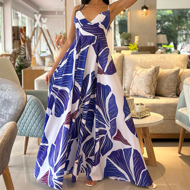 Ginkgo Leaf Print V-Neck Spaghetti Strap A-Line Maxi Dress 3