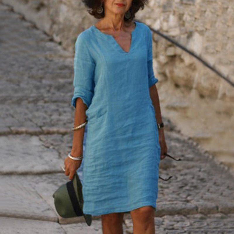 Split Neck Short Sleeve Pocket Shift Midi Dress 4