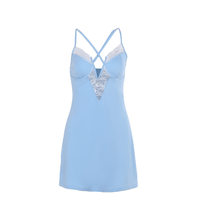 Satin Lace Trim Deep V-Neck Spaghetti Strap Slip Mini Dress 3