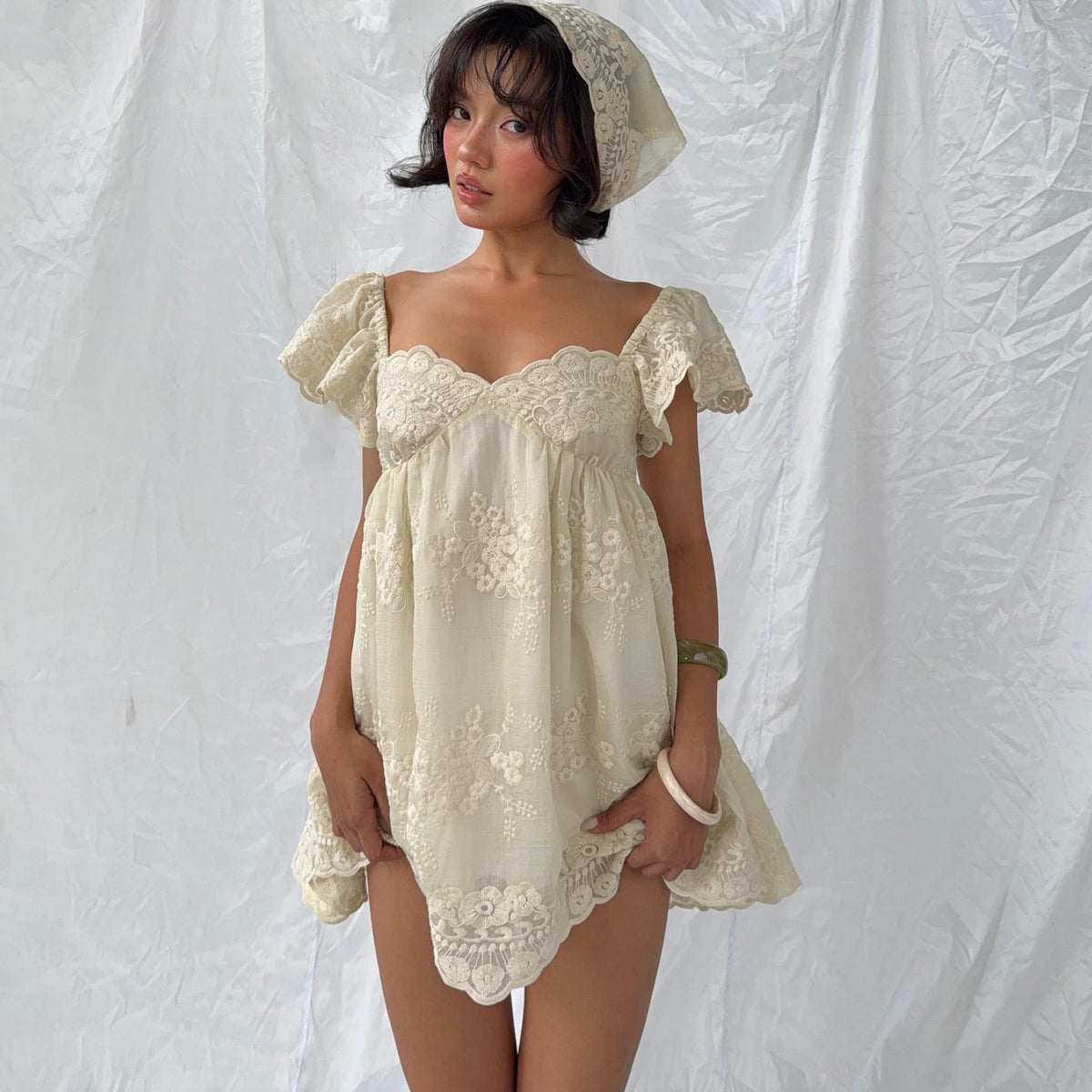 Lace Embroidered Sweetheart Neck Flutter Sleeve Babydoll Mini Dress 2