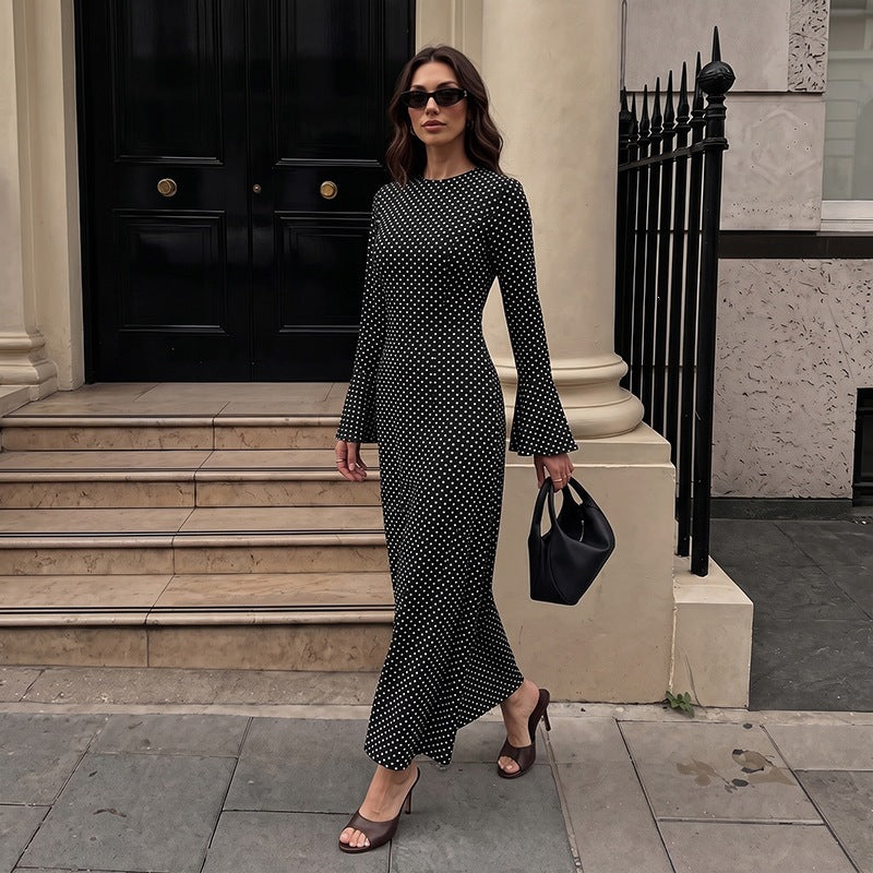 Autumn Winter Elegant Maxi Dress Polka Dot Flared Long Sleeve Backless Lace up Dress for Women