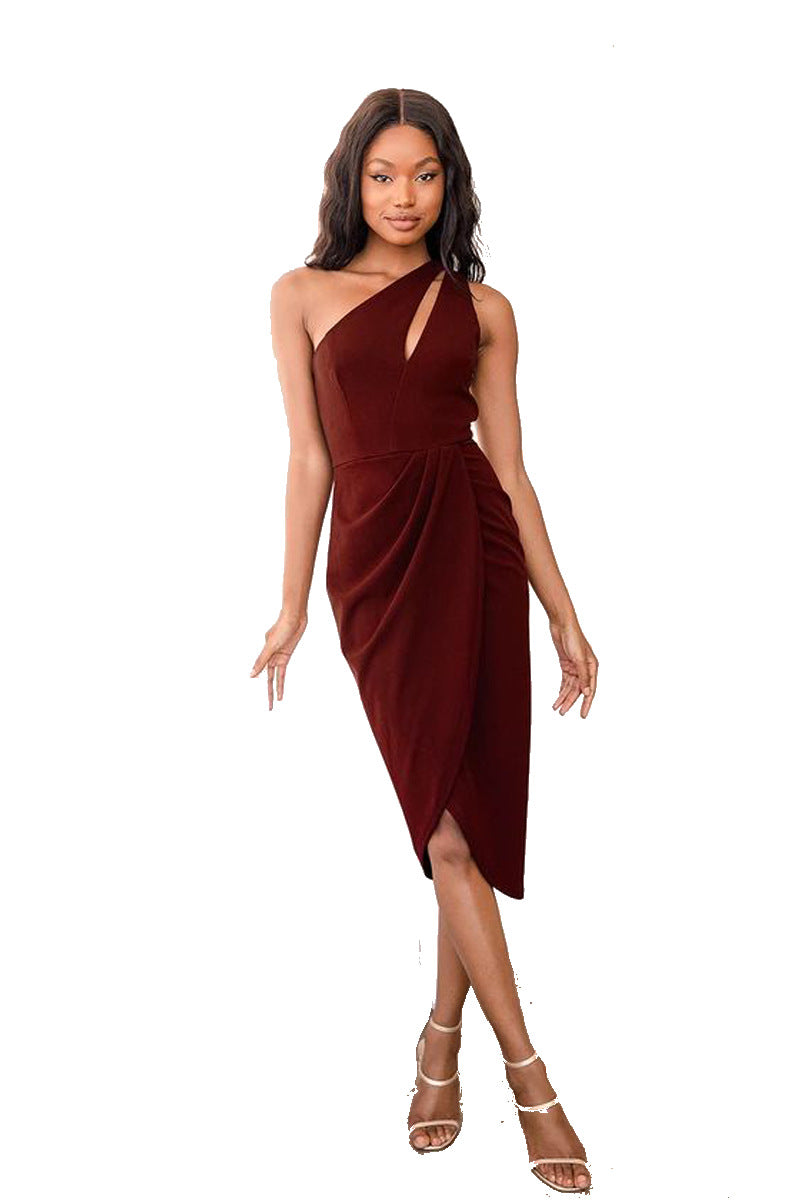 Women Clothes Hip Oblique Shoulder Hollow Out Cutout Pleated Sexy Slit Christmas Dress