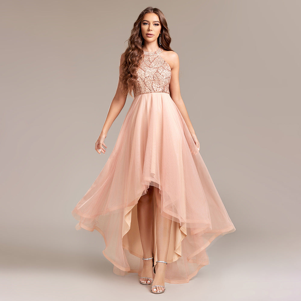 Halter Neck Sequin Tulle High Low A-Line Party Dress