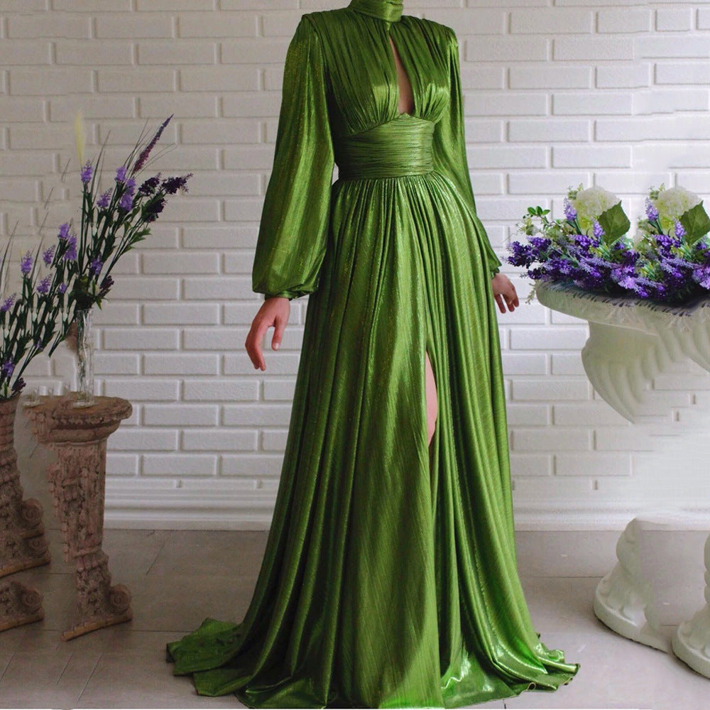 Spring Summer Popular Color Tight Waist Halter Large Swing Chic Avocado Green Dress Maxi Dress for Women