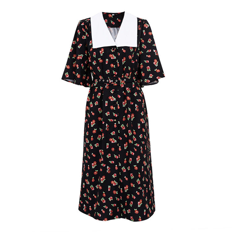 Floral Print Slit Tight Waist A line Dress Elegant Short Sleeve Doll Collar Dress