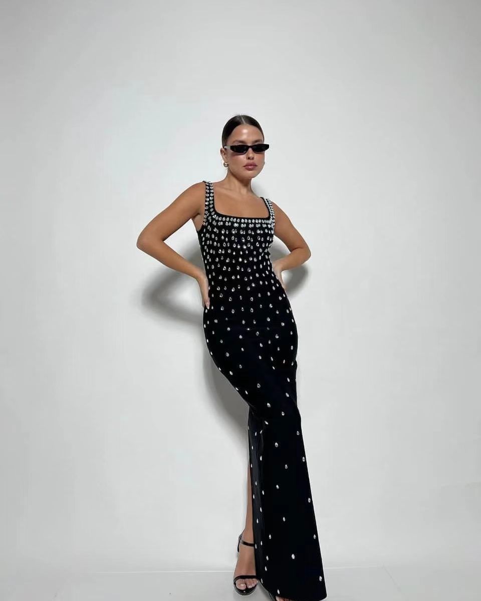 Rhinestone Polka Dot Square Neck Bandage High Split Maxi Dress