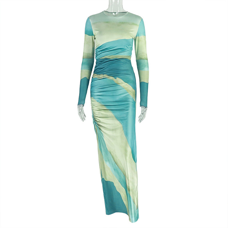 Tie Dye Print Round Neck Long Sleeve Side Ruched Bodycon Maxi Dress 5