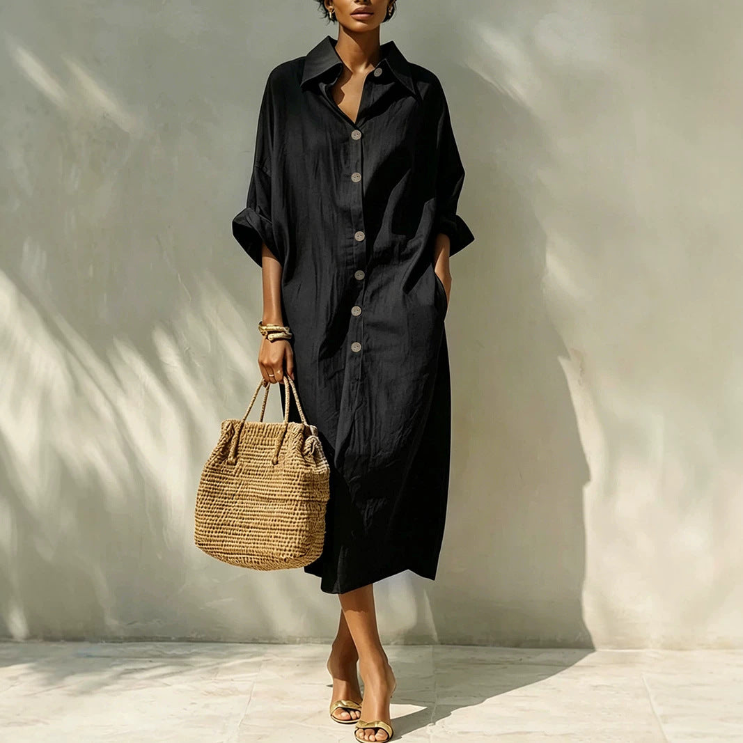 Collared Button Front Batwing Sleeve Oversized Midi Shirt Dress 5