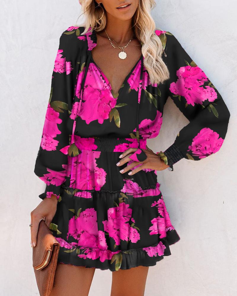 Floral V-Neck Long Sleeve Tiered Ruffle Mini Dress