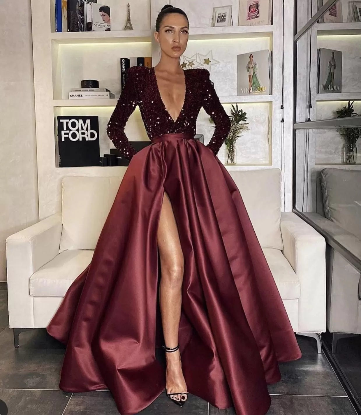Sequin Deep V-Neck Long Sleeve Satin High Split A-Line Evening Gown