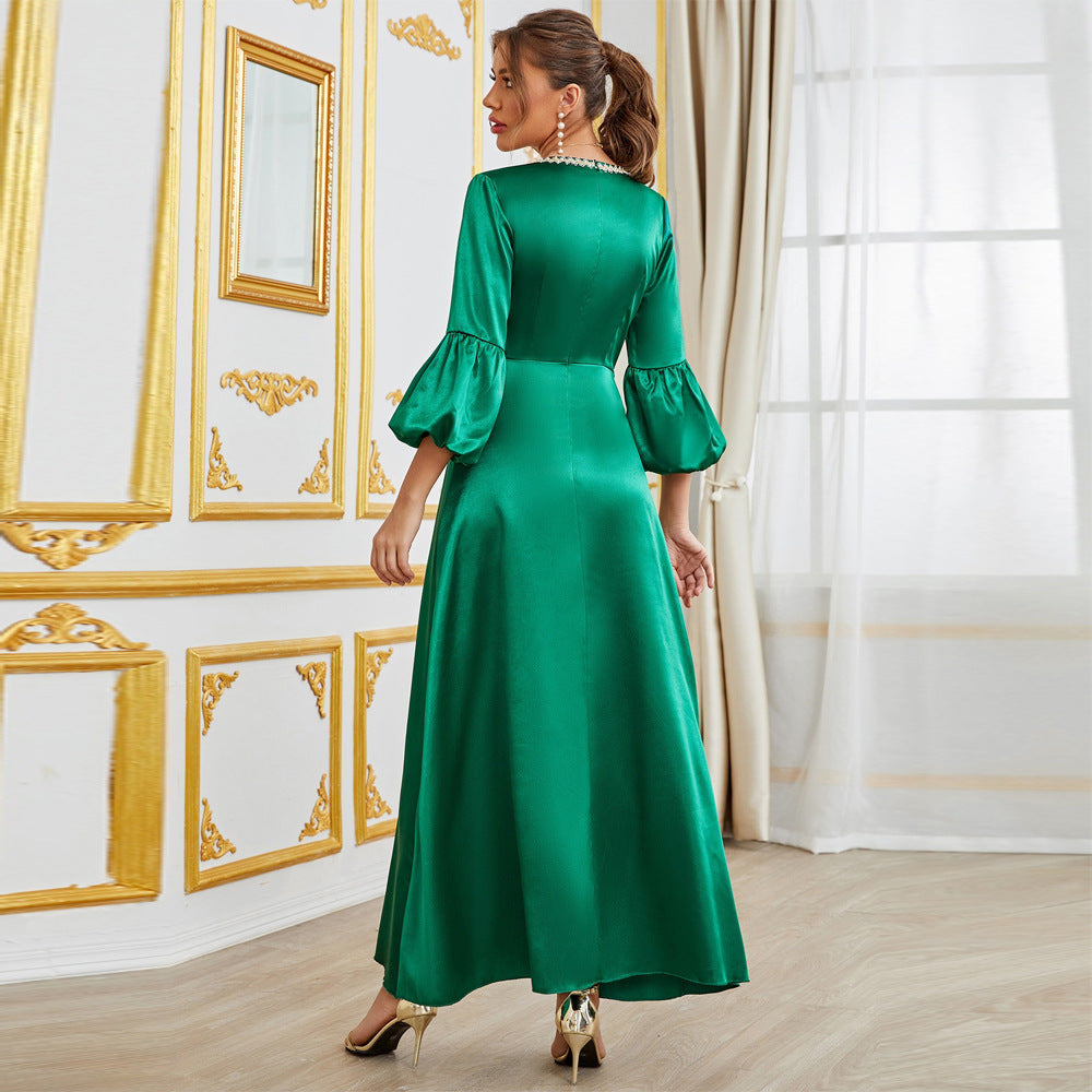 Satin V-Neck Lace Embroidery Puff Sleeve Formal Maxi Gown