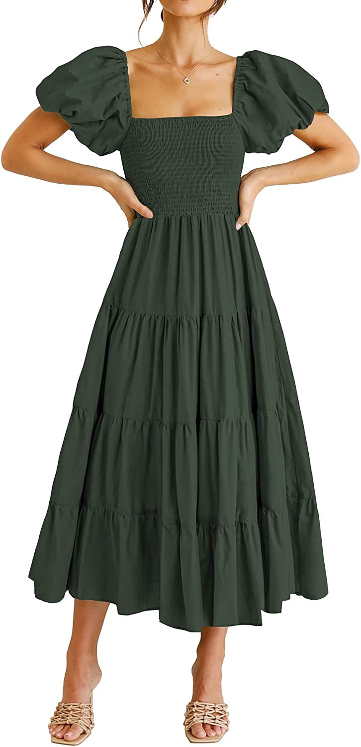 Square Neck Puff Sleeve Smocked Bodice Tiered Midi Dress 6
