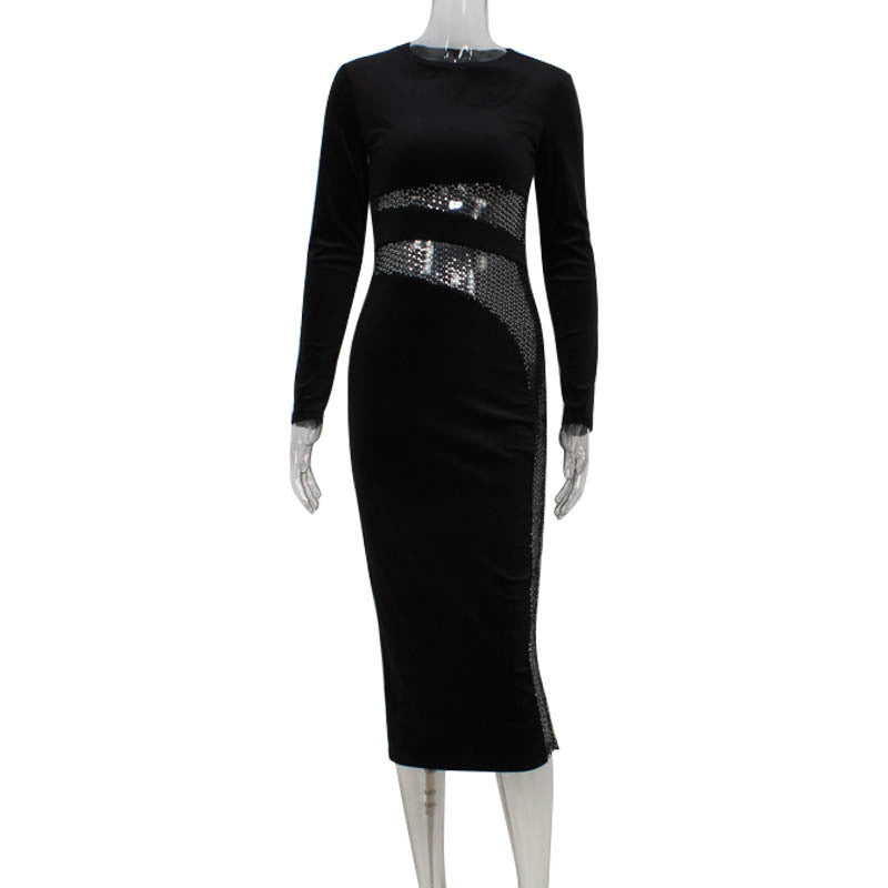 Velvet Long Sleeve Rhinestone Mesh Panel Bodycon Midi Dress 2